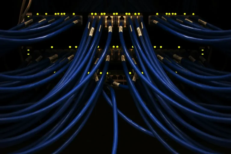 Cavi di rete blu collegati a uno switch con spie gialle in un ambiente scuro.