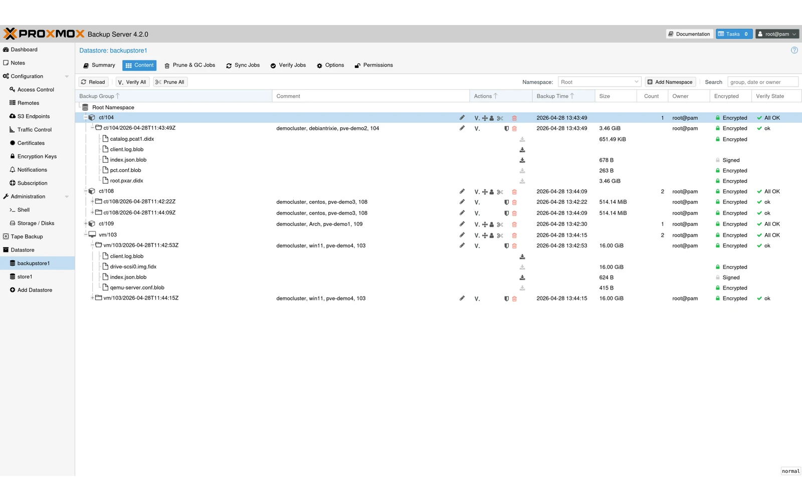 Proxmox Backup Server: elenco delle copie di sicurezza cifrate