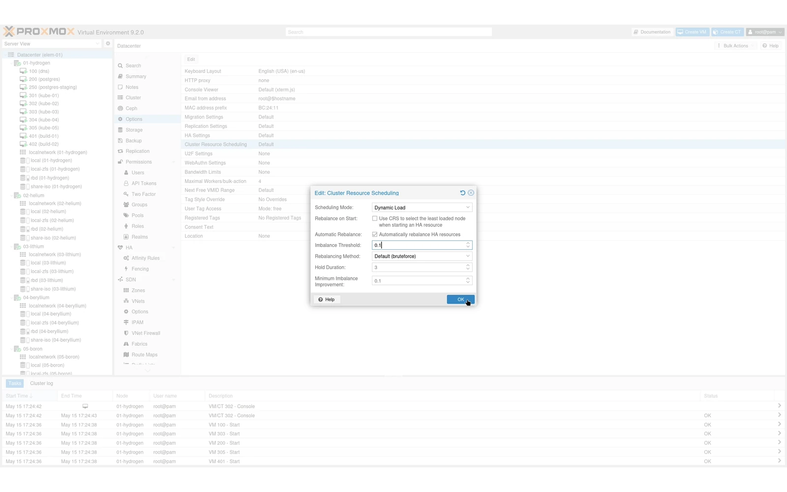 Proxmox VE: pannello web con i server virtuali di un gruppo di server