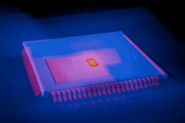 Microchip con piedini visto in prospettiva, illuminato di blu e rosa-viola su sfondo scuro, con un piccolo nucleo arancione al centro.