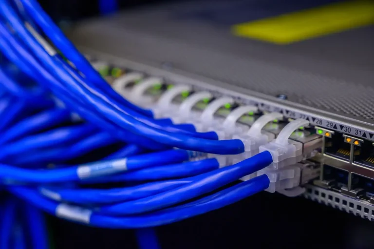 Cavi di rete blu collegati alle porte di uno switch in un rack, con LED verdi sfocati sullo sfondo.