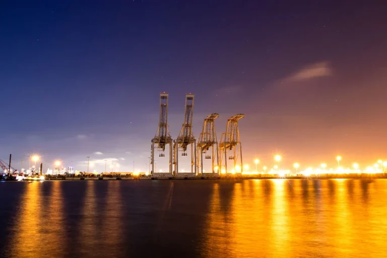 Gru portuali per container al molo di notte, con luci arancioni riflesse nell'acqua sotto un cielo viola-blu stellato.